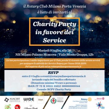 Il Rotary Club Milano Porta Venezia con il patrocinio del Comune di Milano organizza un party di raccolta fondi – martedì 9 luglio, ore20, NH Palazzo Moscova (Milano)