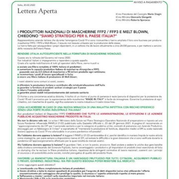 I Produttori di FFP2 e Meltblown scrivono una Lettera Aperta sul Corriere della Sera 20/02/22 al Presidente del Consiglio Mario Draghi, al Ministro Giancarlo Giorgetti ed al Ministro Roberto Speranza
