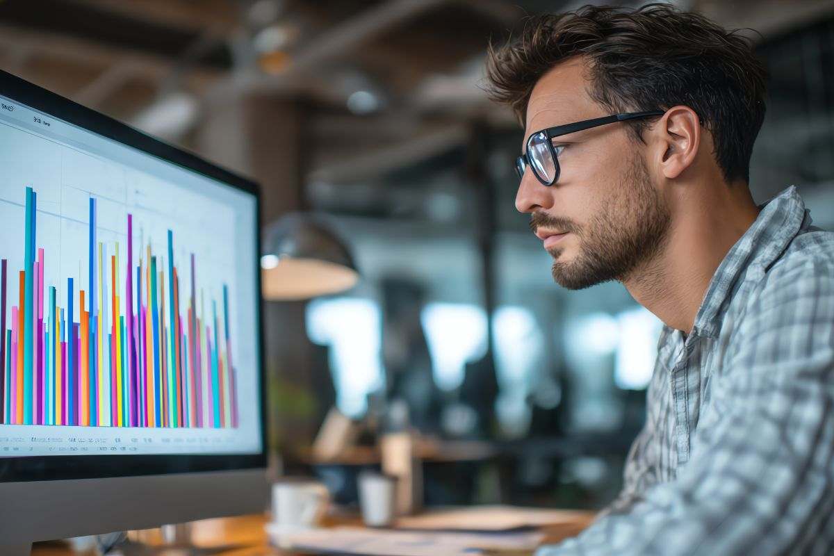 analista finanziario che osserva e studia grafici